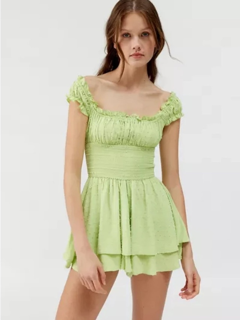 Urban Outfitters Lime Green Smocked Off-Shoulder Mini Dress